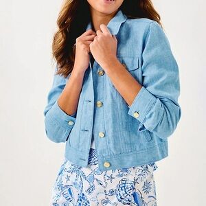 Lilly Pulitzer Seaspray Linen Jacket - Blue Peri X Resort White, size Large